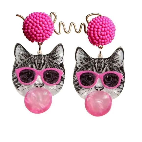 Cute cat with bubble gum Cartoon Acrylic Drop & Dangle Earrings - Picture 2 of 2